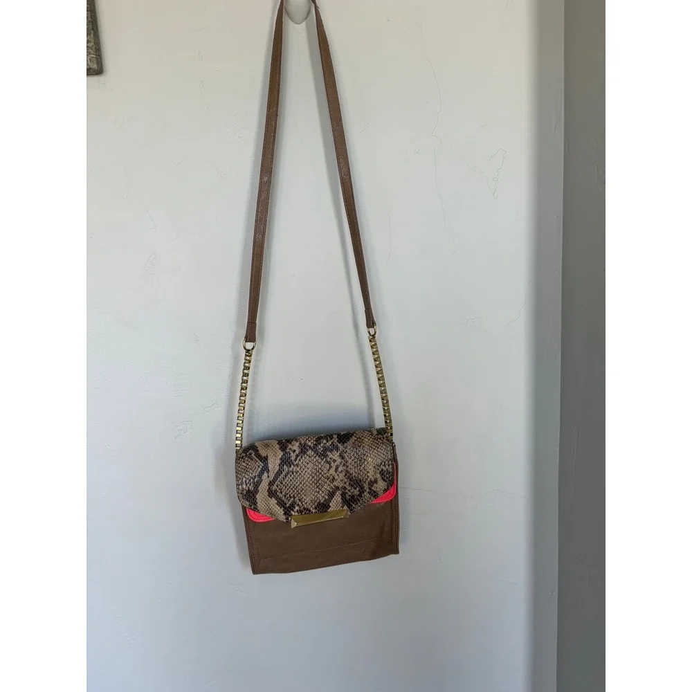 Gianni Bini Brown Crossbody Bag Neon Pink Accent Snakeskin Flap Gold Chain Strap